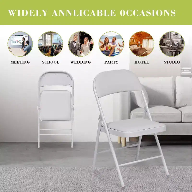 Lot de 4 chaises pliantes avec assise et dossier rembourrés en similicuir PU, structure en métal, capacité de 159 kg, blanches