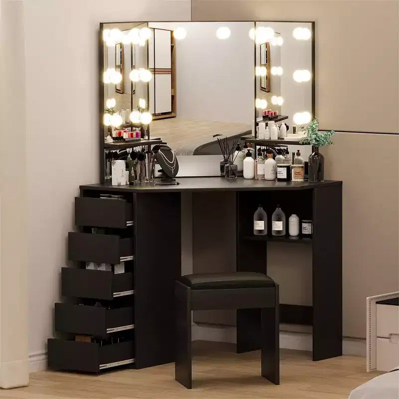 Coiffeuse d'angle avec miroir LED, 5 tiroirs et station de charge