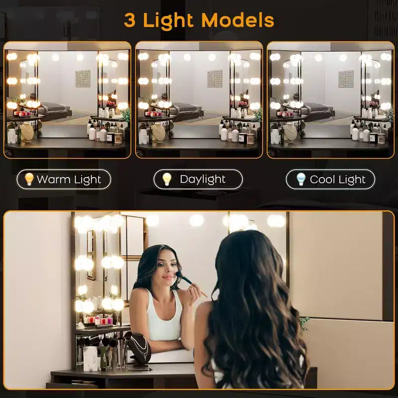 Coiffeuse d'angle avec miroir LED, 5 tiroirs et station de charge