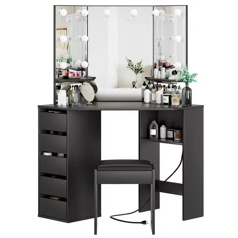 Coiffeuse d'angle avec miroir LED, 5 tiroirs et station de charge