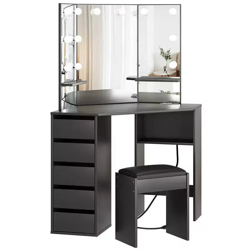 Coiffeuse d'angle avec miroir LED, 5 tiroirs et station de charge