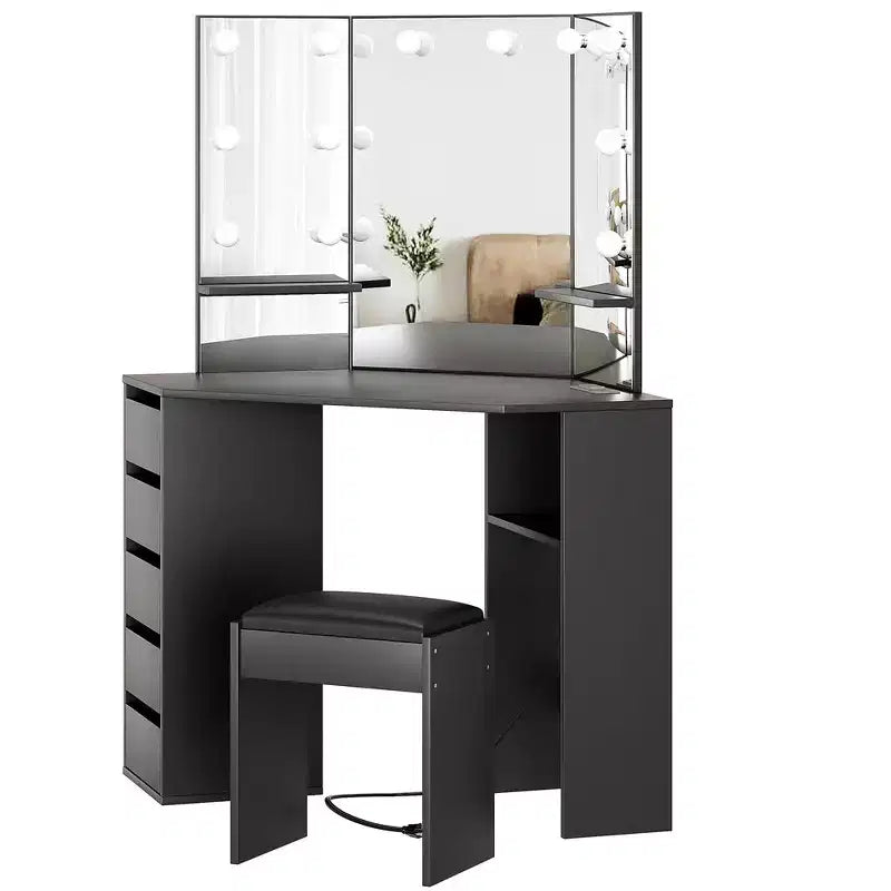 Coiffeuse d'angle avec miroir LED, 5 tiroirs et station de charge
