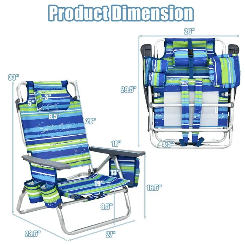 Chaise longue de plage pliante à dossier réglable avec oreiller