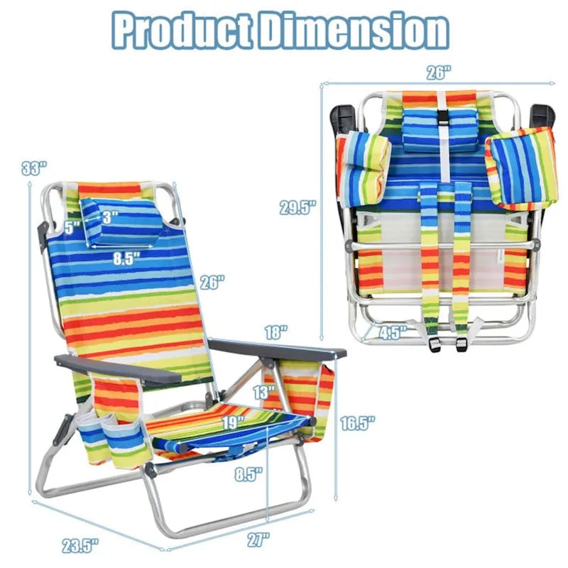 Chaise longue de plage pliante à dossier réglable avec oreiller