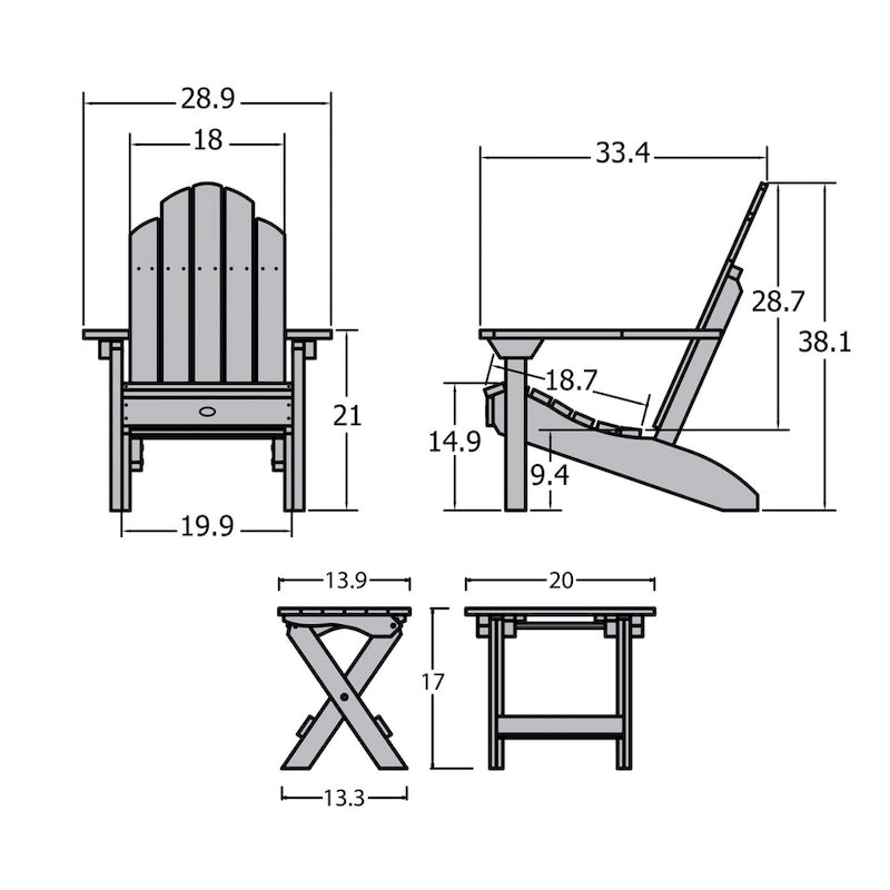 Ensemble de 3 pièces chaises Adirondack extérieures et table d'appoint pliante