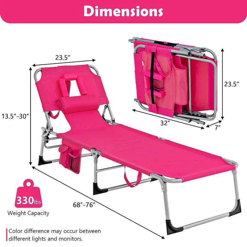 Chaise longue de plage pliable avec oreiller pour l'extérieur