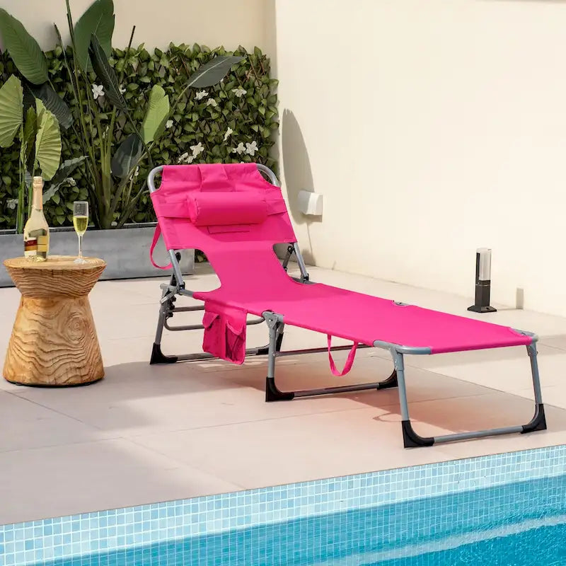 Chaise longue de plage pliable avec oreiller pour l'extérieur