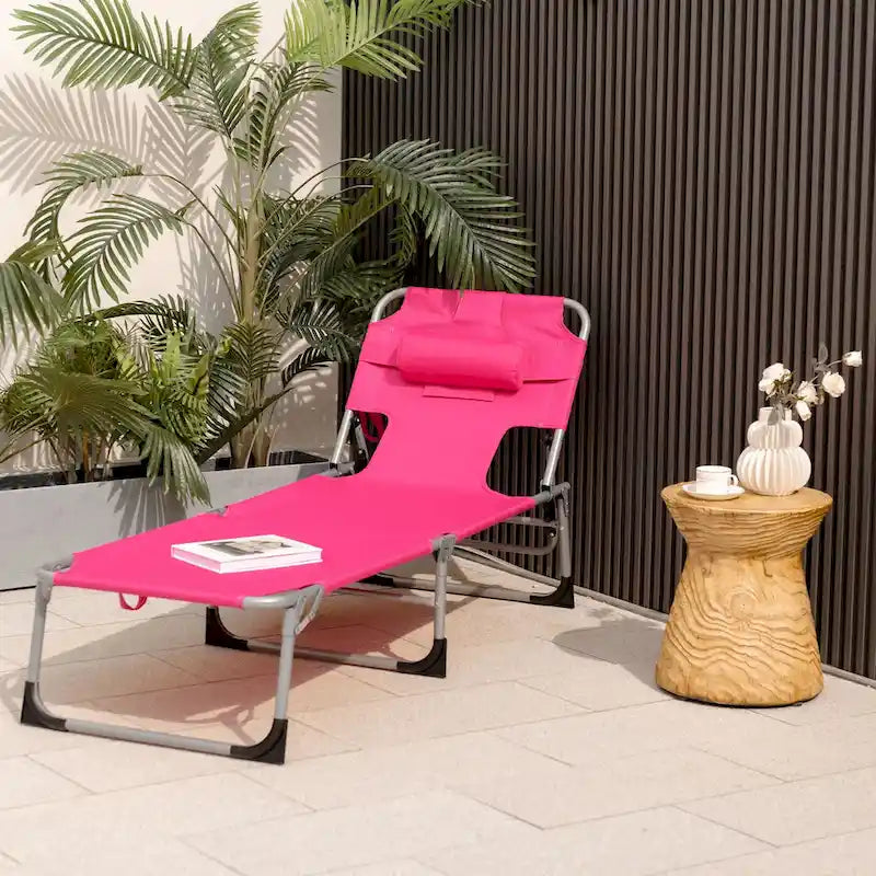 Chaise longue de plage pliable avec oreiller pour l'extérieur