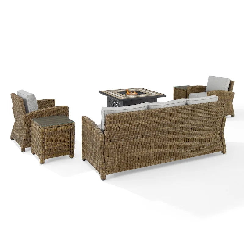 Crosley Bradenton Ensemble de salon d'extérieur 5 pièces en osier avec table brasero
