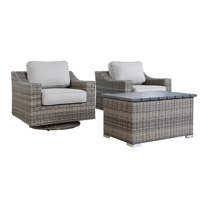 Ensemble de canapé d'angle 3 places gris avec coussins et fauteuil à bascule pivotant