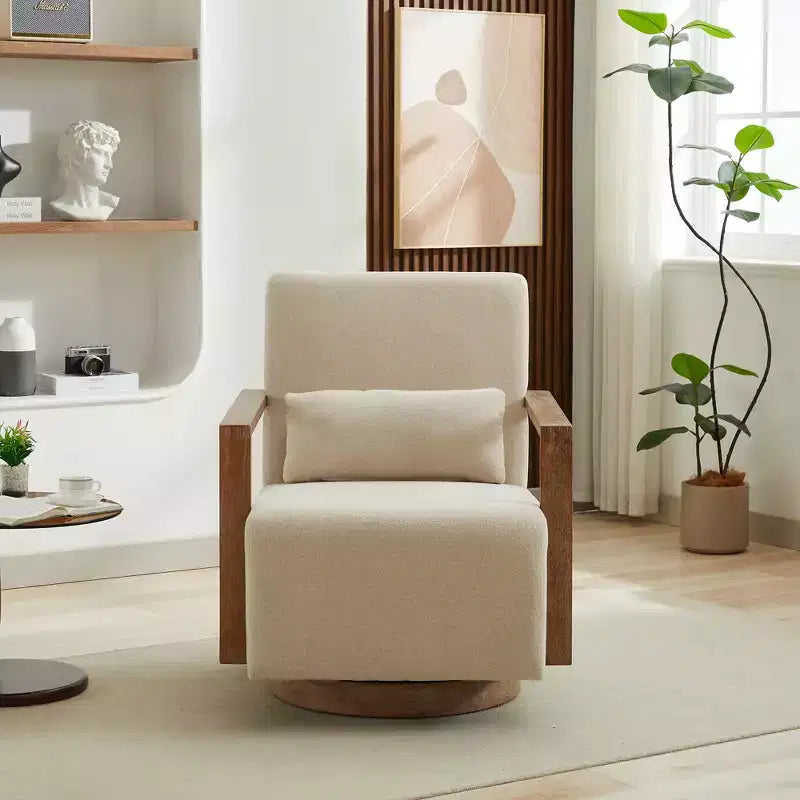 Fauteuil d'appoint rembourré pivotant moderne de 76 cm avec accoudoirs en bois massif, fauteuil de lecture pivotant à 360 degrés