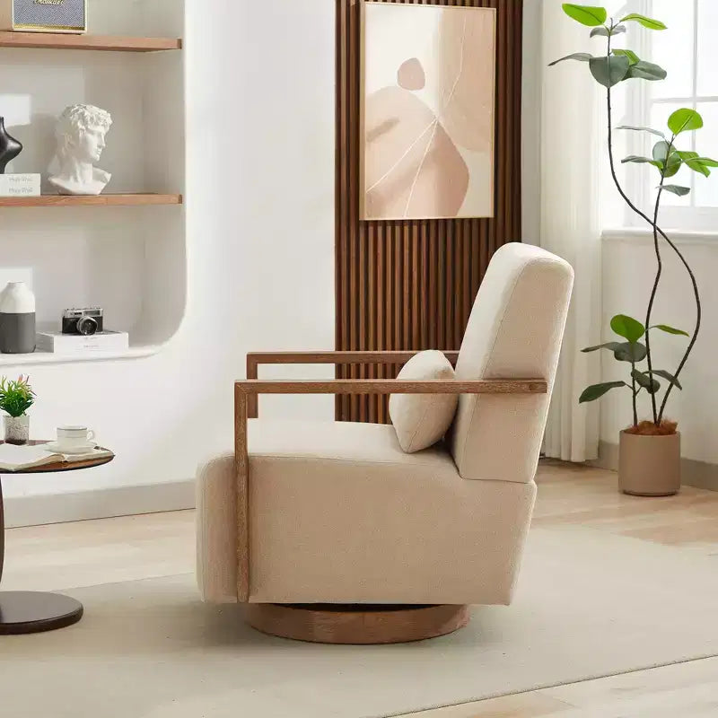 Fauteuil d'appoint rembourré pivotant moderne de 76 cm avec accoudoirs en bois massif, fauteuil de lecture pivotant à 360 degrés