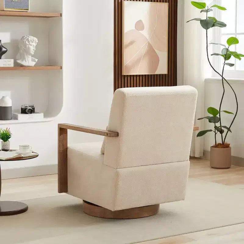Fauteuil d'appoint rembourré pivotant moderne de 76 cm avec accoudoirs en bois massif, fauteuil de lecture pivotant à 360 degrés