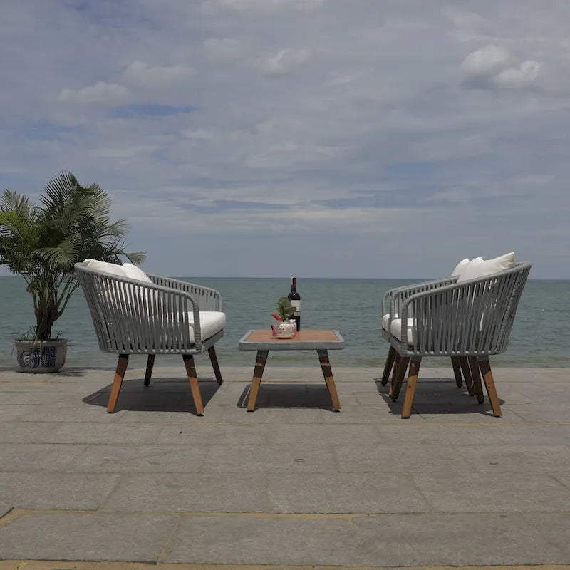 SAFAVIEH Outdoor Amelie 4 Piece Coastal Patio Chat Set - 55W x 31D x 28H