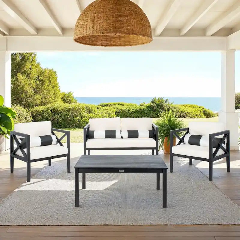 SAFAVIEH Dafne Ensemble de conversation 4 pièces pour extérieur avec coussin décoratif – 50 larg. x 26 prof. x 25 haut.
