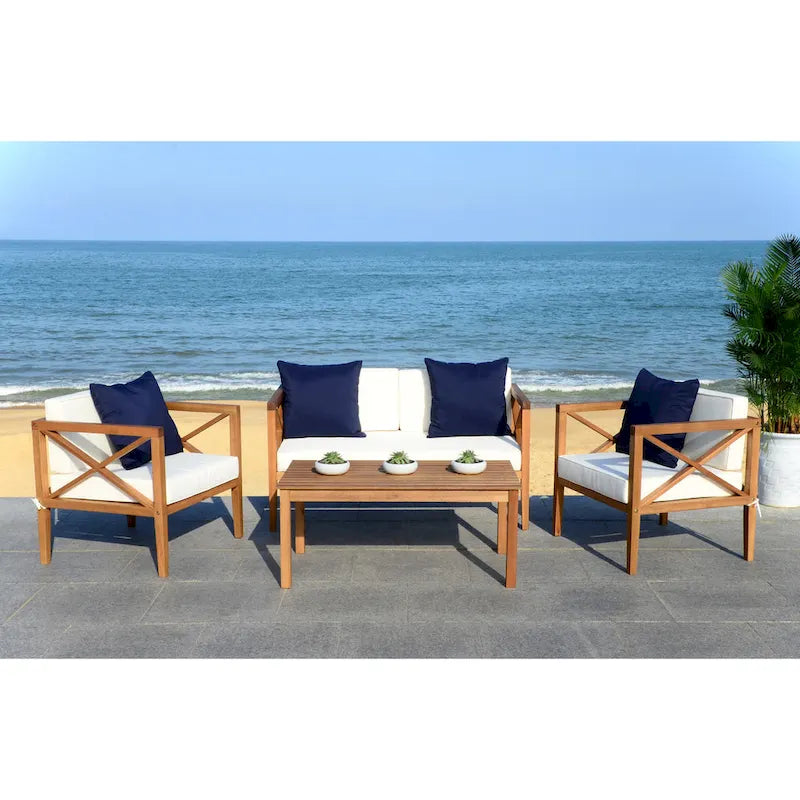SAFAVIEH Dafne Ensemble de conversation 4 pièces pour extérieur avec coussin décoratif – 50 larg. x 26 prof. x 25 haut.