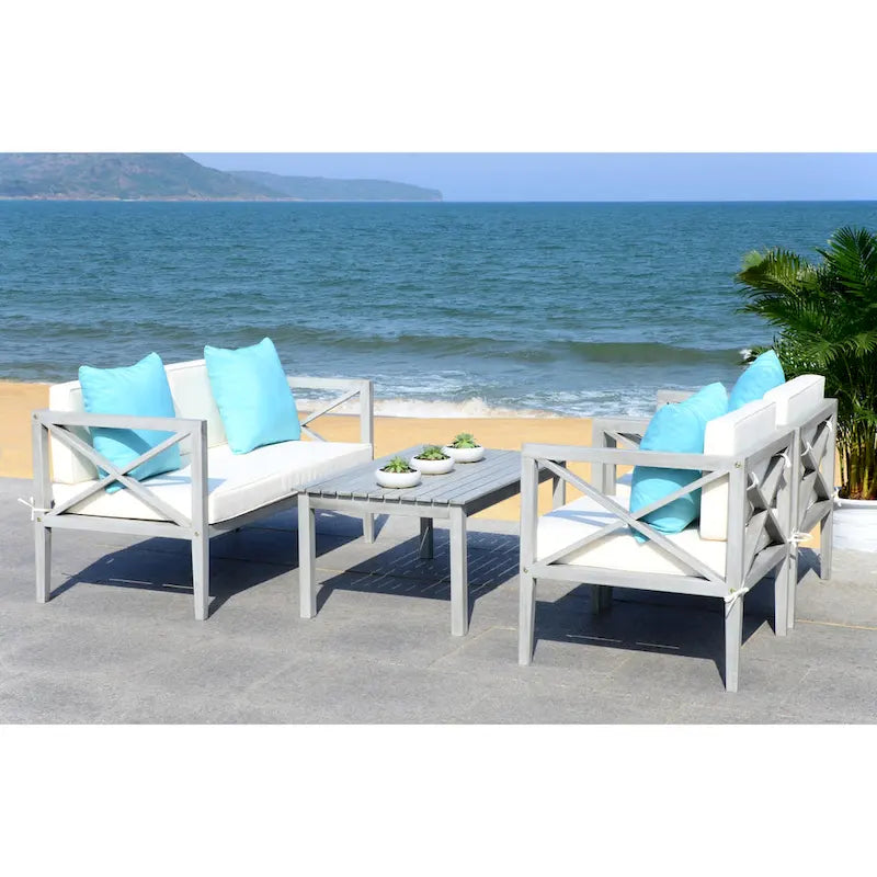 SAFAVIEH Dafne Ensemble de conversation 4 pièces pour extérieur avec coussin décoratif – 50 larg. x 26 prof. x 25 haut.