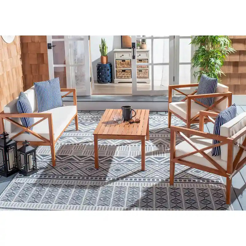 SAFAVIEH Dafne Ensemble de conversation 4 pièces pour extérieur avec coussin décoratif – 50 larg. x 26 prof. x 25 haut.