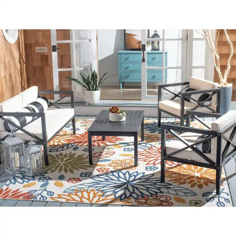 SAFAVIEH Dafne Ensemble de conversation 4 pièces pour extérieur avec coussin décoratif – 50 larg. x 26 prof. x 25 haut.