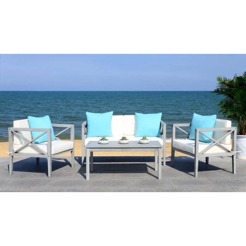 SAFAVIEH Dafne Ensemble de conversation 4 pièces pour extérieur avec coussin décoratif – 50 larg. x 26 prof. x 25 haut.