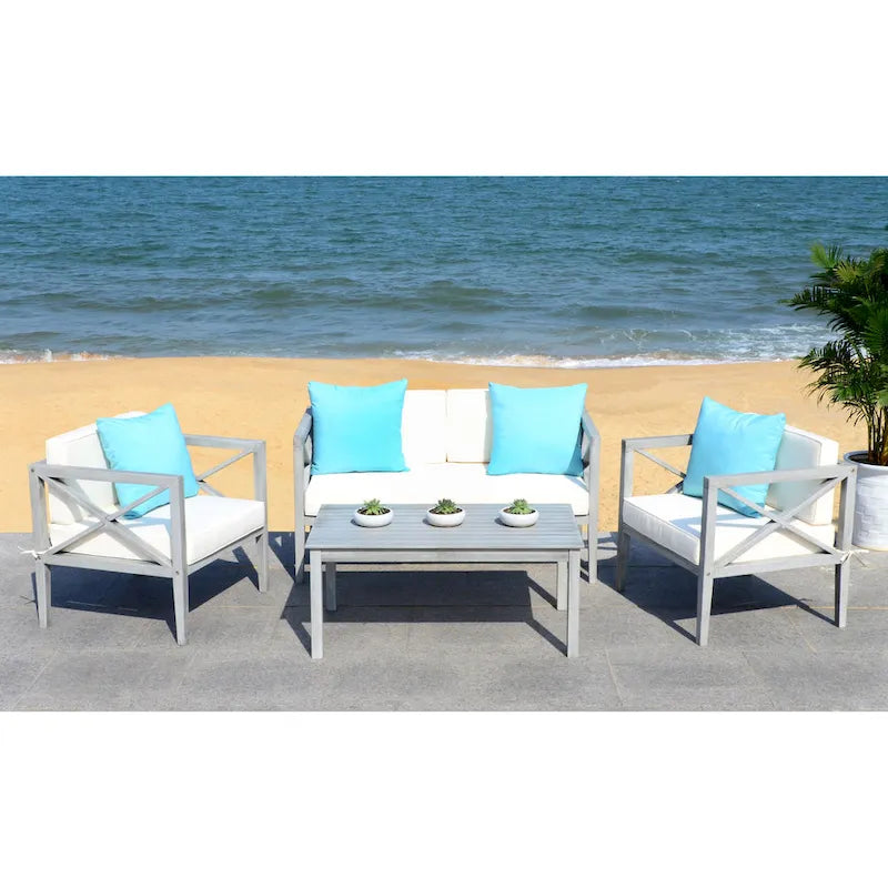 SAFAVIEH Dafne Ensemble de conversation 4 pièces pour extérieur avec coussin décoratif – 50 larg. x 26 prof. x 25 haut.