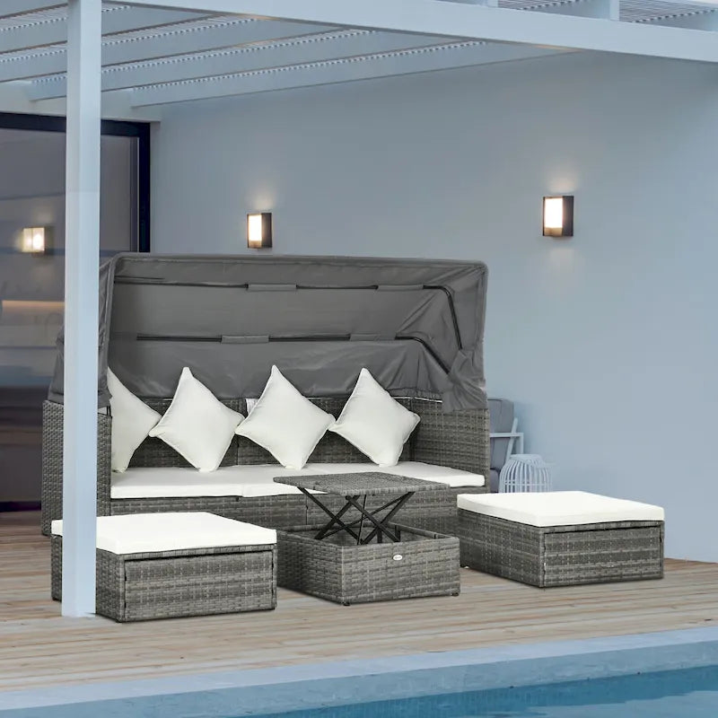 Outsunny Ensemble de Mobilier de Patio 4 Pièces avec Coussins, Lit de Repos en Rotin PE avec Auvent Rétractable, Salon de Jardin Modulable