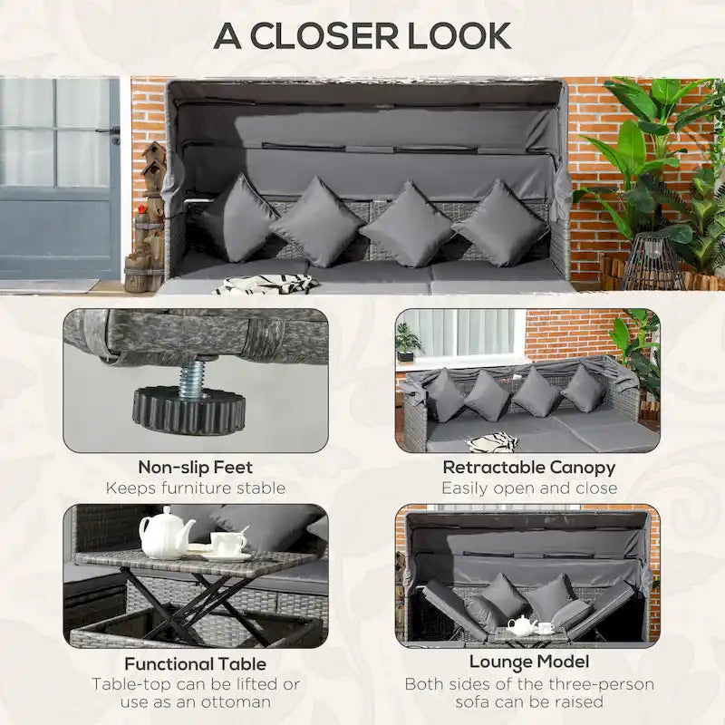 Outsunny Ensemble de Mobilier de Patio 4 Pièces avec Coussins, Lit de Repos en Rotin PE avec Auvent Rétractable, Salon de Jardin Modulable