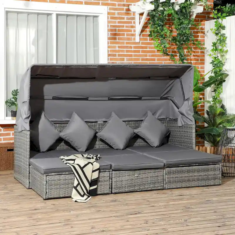 Outsunny Ensemble de Mobilier de Patio 4 Pièces avec Coussins, Lit de Repos en Rotin PE avec Auvent Rétractable, Salon de Jardin Modulable