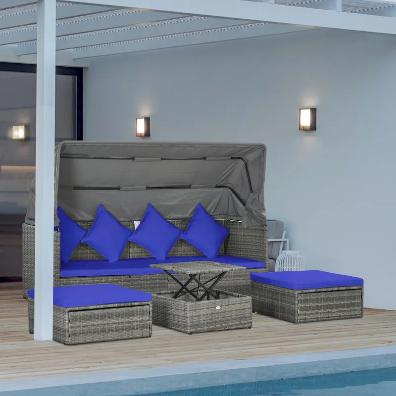 Outsunny Ensemble de Mobilier de Patio 4 Pièces avec Coussins, Lit de Repos en Rotin PE avec Auvent Rétractable, Salon de Jardin Modulable