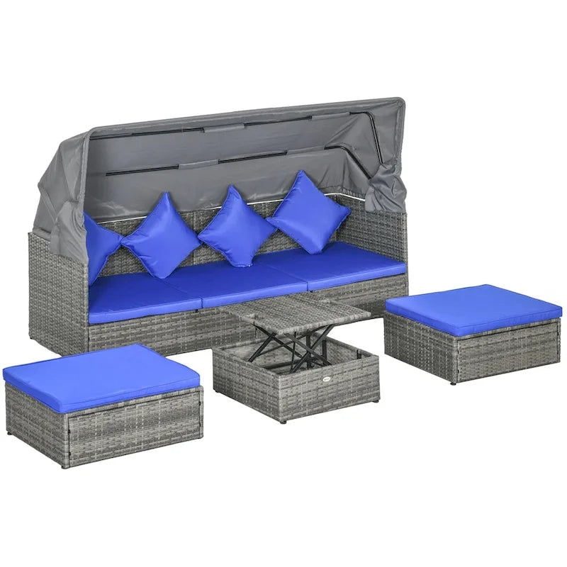 Outsunny Ensemble de Mobilier de Patio 4 Pièces avec Coussins, Lit de Repos en Rotin PE avec Auvent Rétractable, Salon de Jardin Modulable