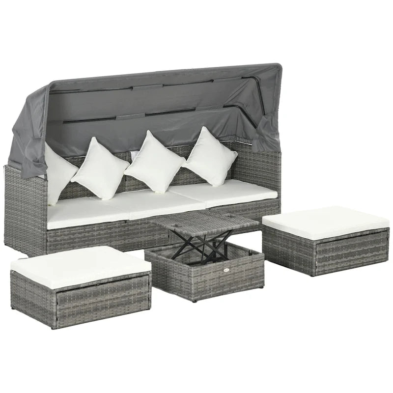 Outsunny Ensemble de Mobilier de Patio 4 Pièces avec Coussins, Lit de Repos en Rotin PE avec Auvent Rétractable, Salon de Jardin Modulable