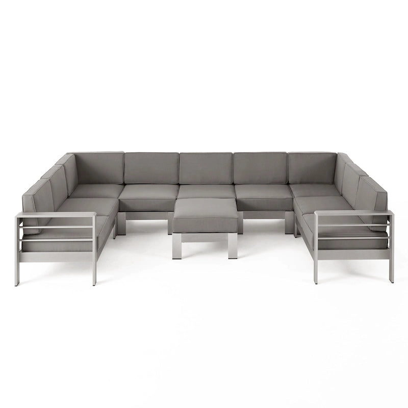 Ensemble de canapé d'angle en aluminium en forme de U à 9 places moderne d'extérieur Cape Coral avec ottomane par Christopher Knight Home