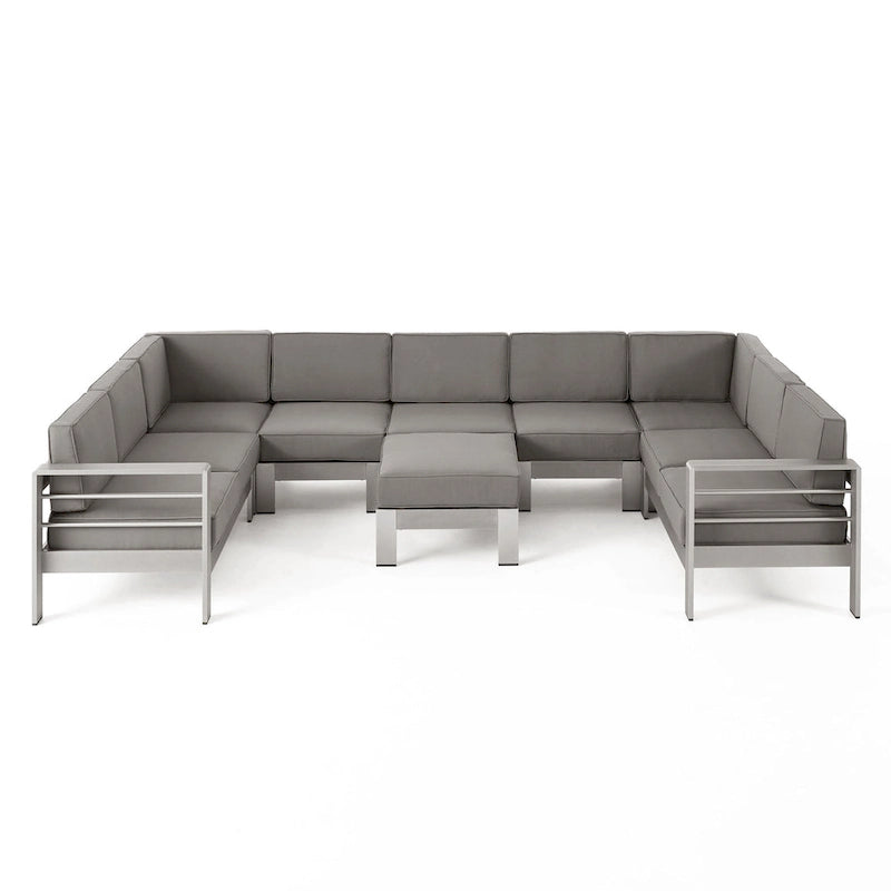 Cape Coral Outdoor Modern 9 Seater Aluminum U-Shaped Sofa Sectional Set with Ottoman by Christopher Knight Home