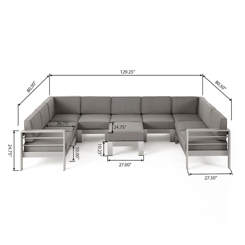 Ensemble de canapé d'angle en aluminium en forme de U à 9 places moderne d'extérieur Cape Coral avec ottomane par Christopher Knight Home