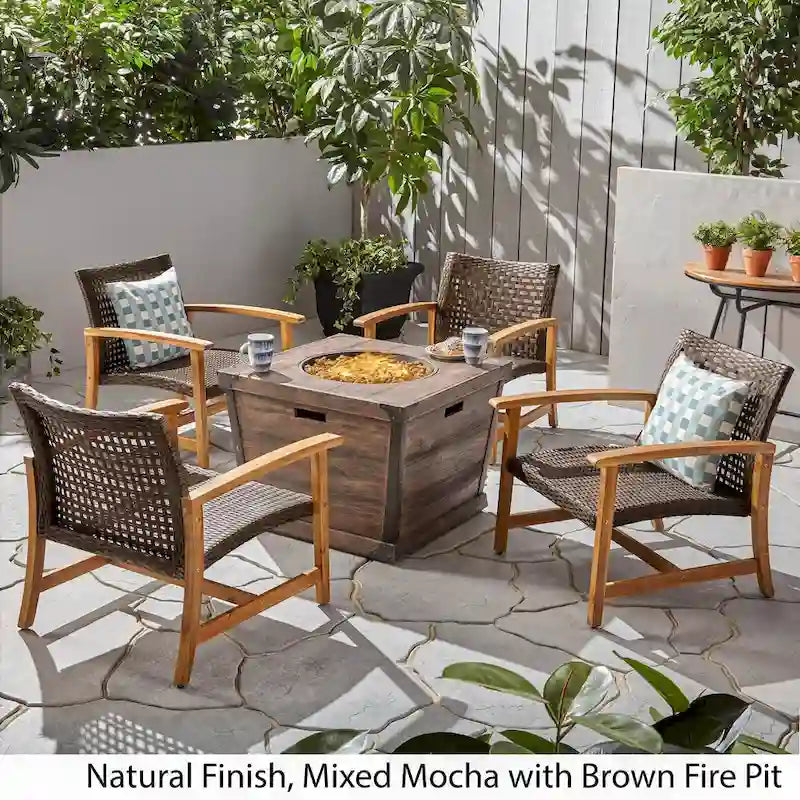 Ensemble de fauteuils de club Hampton d'extérieur en bois et osier avec foyer par Christopher Knight Home