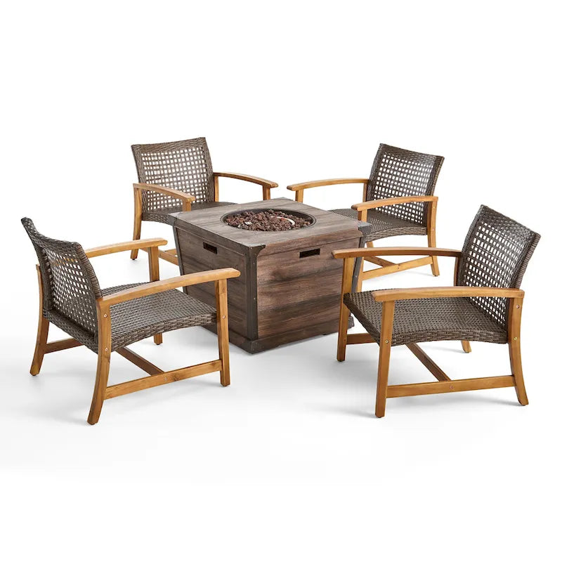 Ensemble de fauteuils de club Hampton d'extérieur en bois et osier avec foyer par Christopher Knight Home