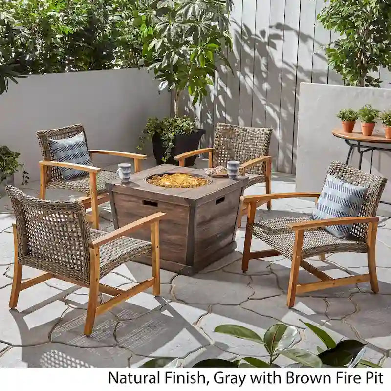 Ensemble de fauteuils de club Hampton d'extérieur en bois et osier avec foyer par Christopher Knight Home