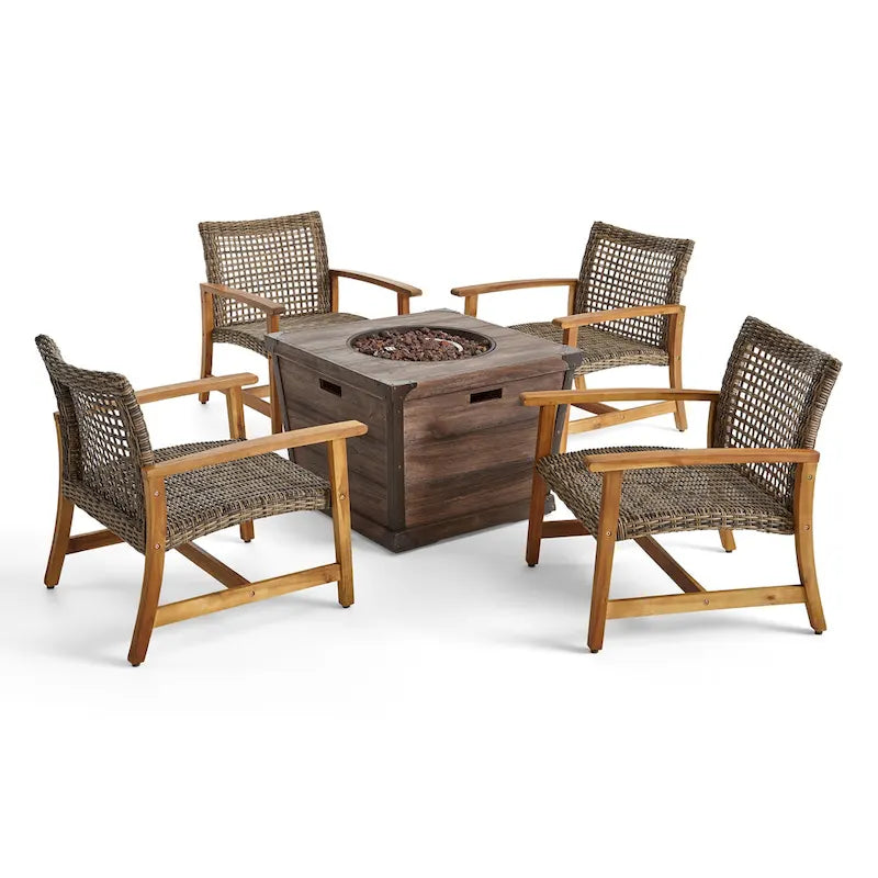 Ensemble de fauteuils de club Hampton d'extérieur en bois et osier avec foyer par Christopher Knight Home