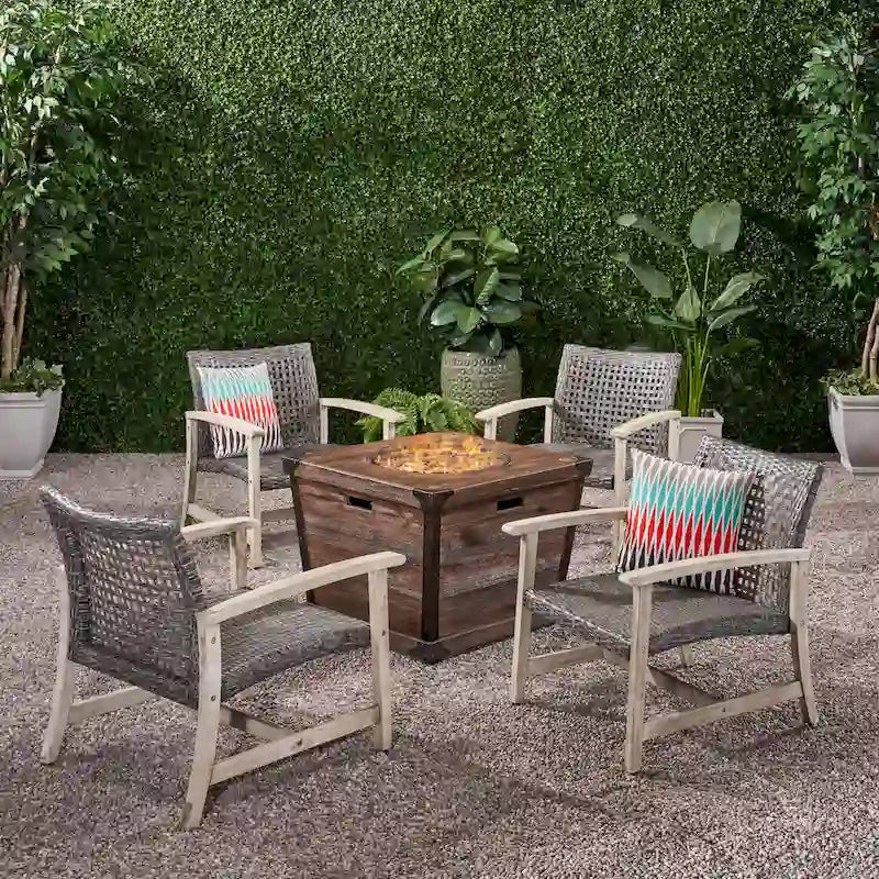 Ensemble de fauteuils de club Hampton d'extérieur en bois et osier avec foyer par Christopher Knight Home