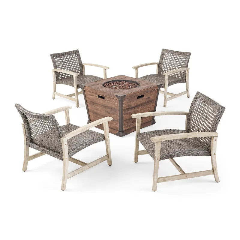Ensemble de fauteuils de club Hampton d'extérieur en bois et osier avec foyer par Christopher Knight Home