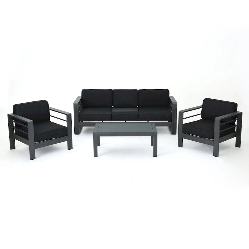 Ensemble de conversation 4 pièces Cape Coral avec canapé en aluminium et verre trempé avec coussins par Christopher Knight Home