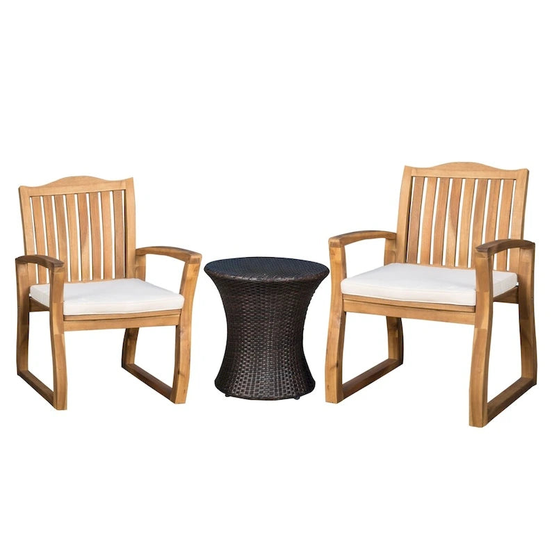 Ensemble de conversation d'extérieur 3 pièces en bois d'acacia Avalon avec table en osier en forme de sablier par Christopher Knight Home