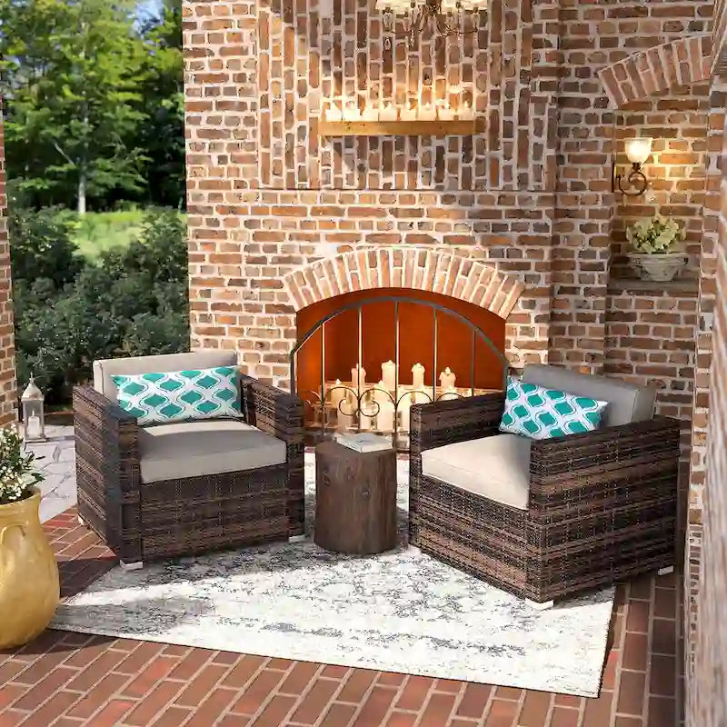 COSIEST Salon de jardin 3 pièces en osier avec fauteuils de club et coussins, Ensemble de conversation avec table d'appoint