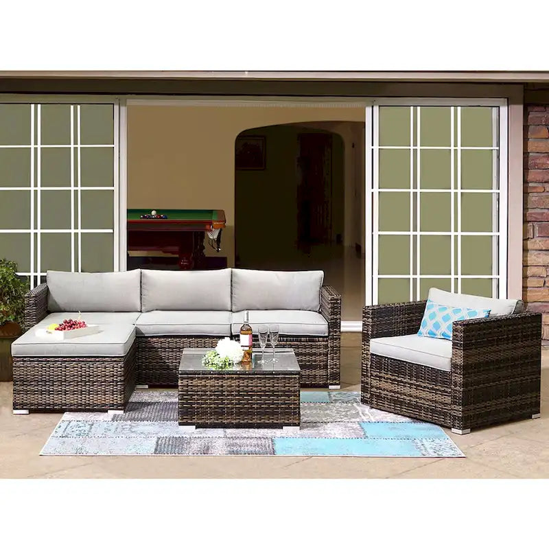 COSIEST Canapé sectionnel d'extérieur 6 pièces en osier, fauteuil avec pouf