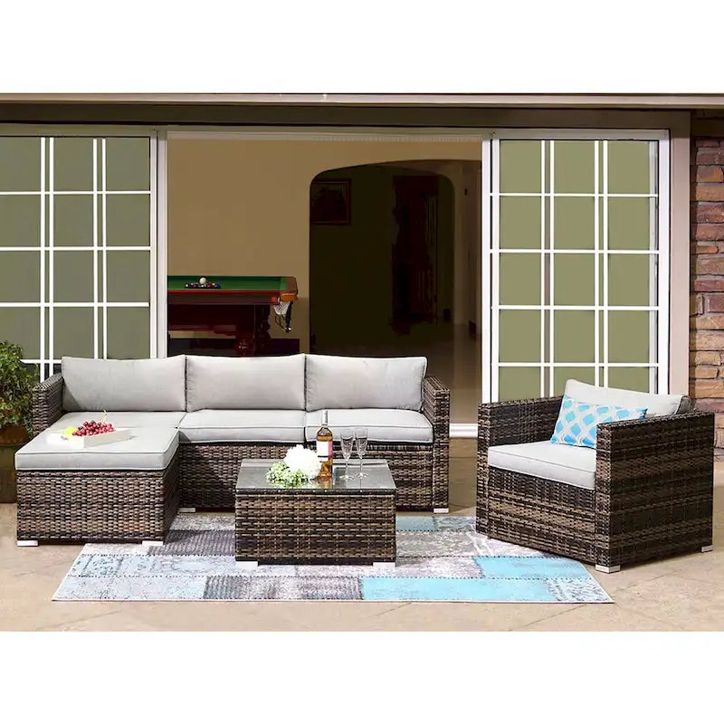 COSIEST Canapé sectionnel d'extérieur 6 pièces en osier, fauteuil avec pouf