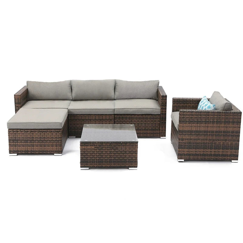 COSIEST Canapé sectionnel d'extérieur 6 pièces en osier, fauteuil avec pouf