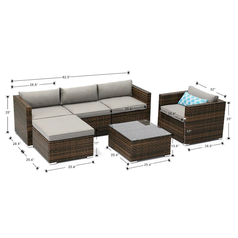 COSIEST Canapé sectionnel d'extérieur 6 pièces en osier, fauteuil avec pouf