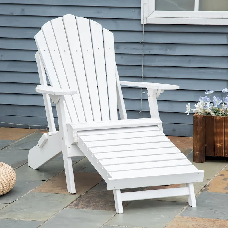 Outsunny Folding Adirondack Chair with Pull Out Ottoman, Outdoor Fir Wood Fire Pit Chair with Footrest, Porch Fanback Lounge