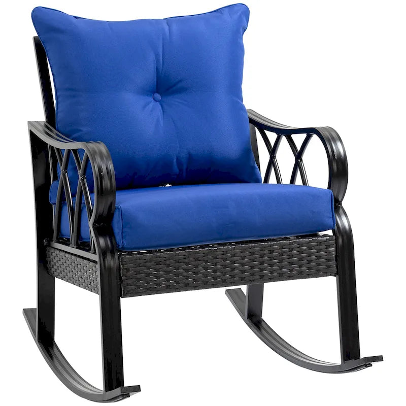 Fauteuil à bascule en rotin Outsunny avec coussins rembourrés, cadre en aluminium, accoudoir pour jardin, terrasse et arrière-cour, bleu