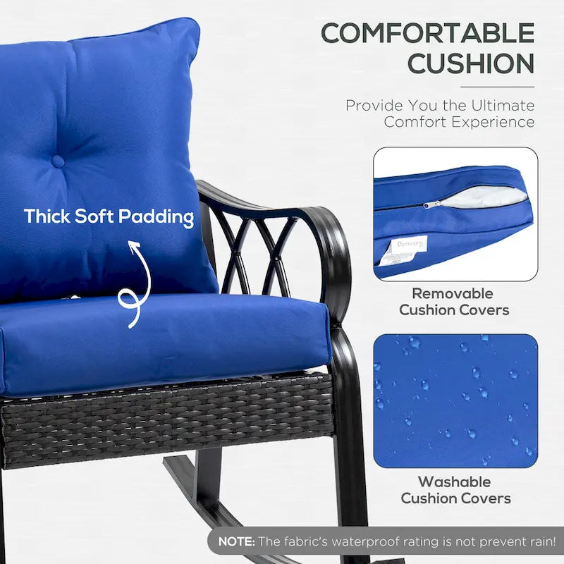 Fauteuil à bascule en rotin Outsunny avec coussins rembourrés, cadre en aluminium, accoudoir pour jardin, terrasse et arrière-cour, bleu